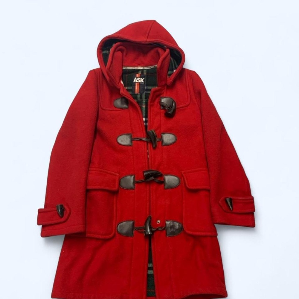 Ask Enquired Red Coat Toggle Hooded Jacket Size M/L Plaid Lining